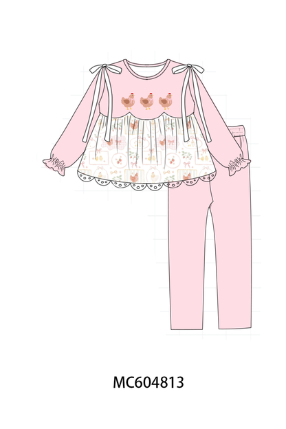 Pink Chicken Embroidery Pants Set