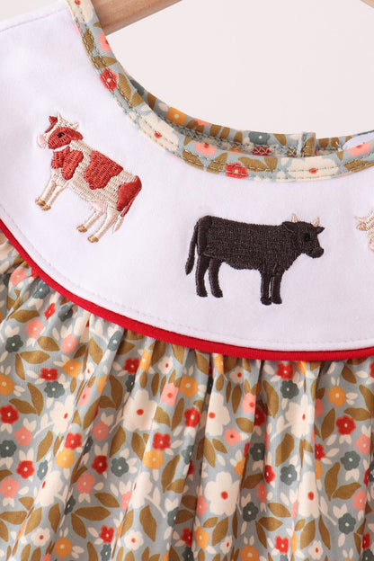 Brown Floral Cow Embroidery Dress