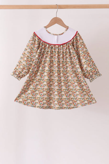 Brown Floral Cow Embroidery Dress