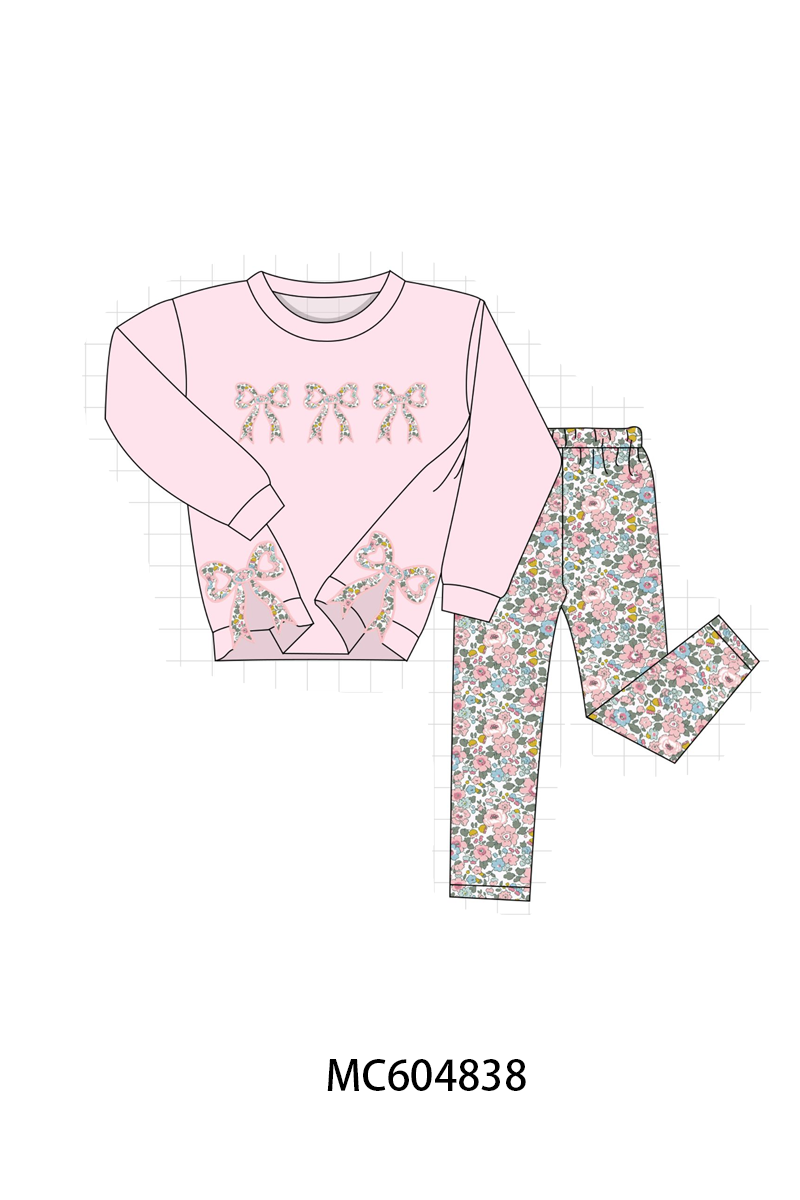 Pink Floral Bow Appliqué Pants Set