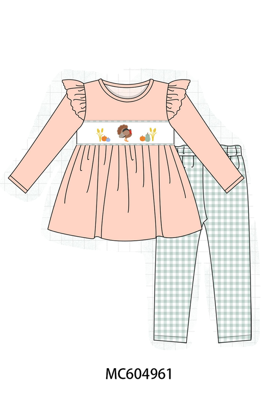 Sage Turkey Embroidery Ruffle Pants Set
