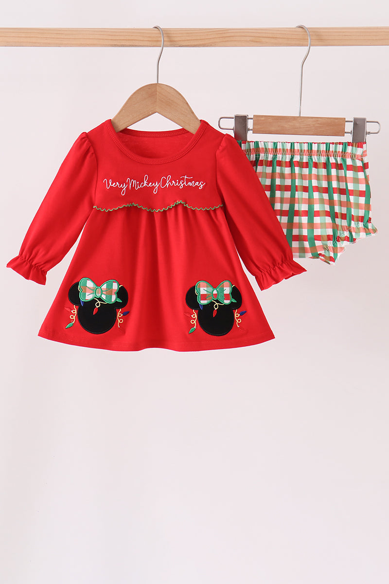 Red Christmas Character Appliqué Gingham Bloomer Set