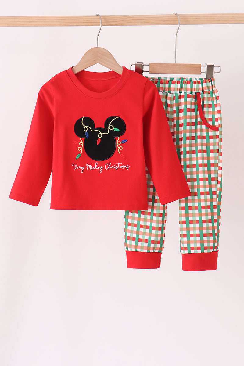 Red Christmas Character Appliqué Gingham Pants Set