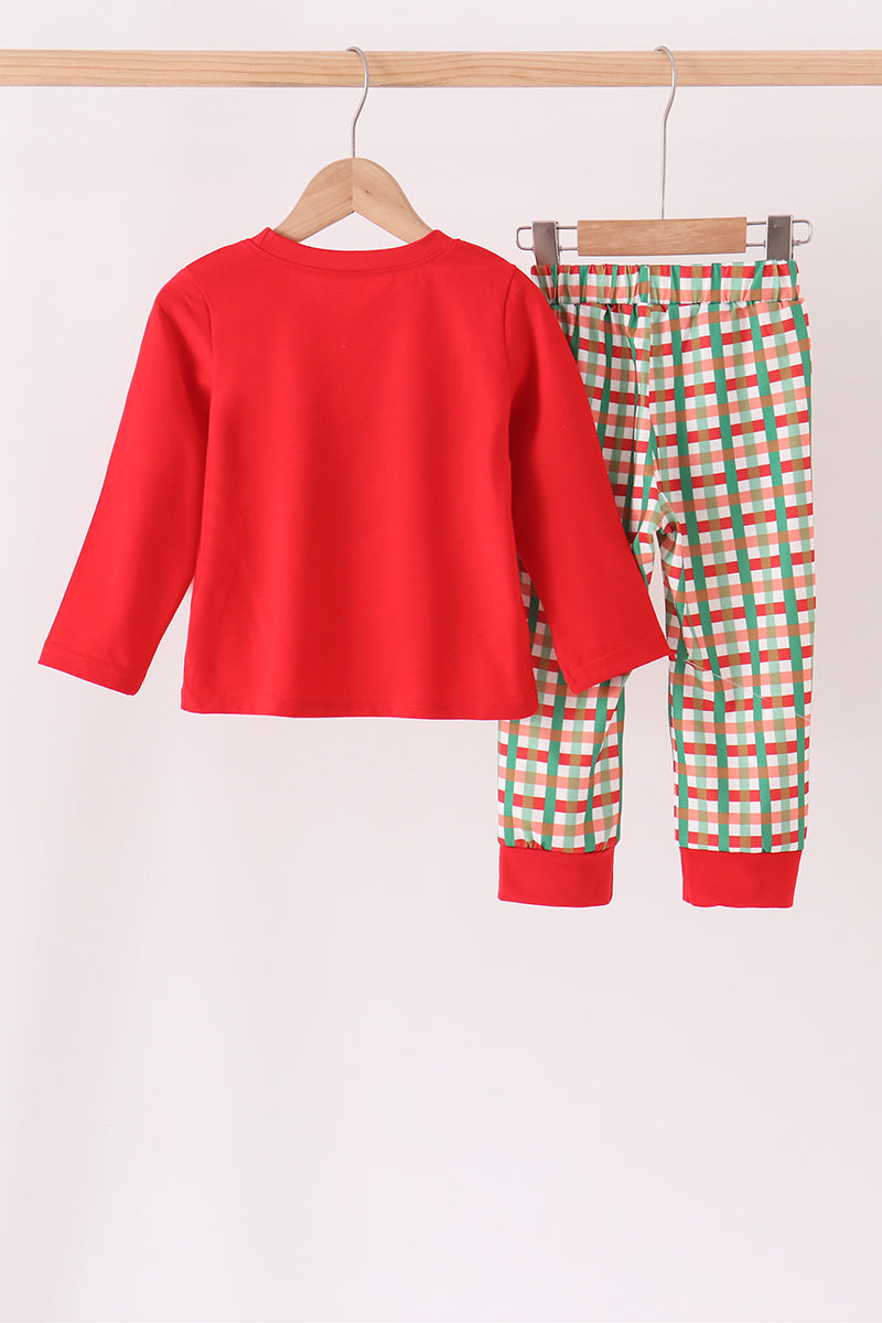 Red Christmas Character Appliqué Gingham Pants Set