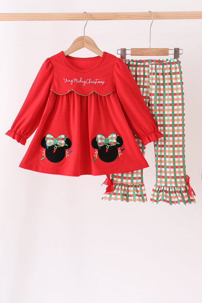 Red Christmas Character Appliqué Gingham Ruffle Pants Set