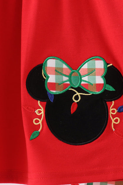 Red Christmas Character Appliqué Gingham Ruffle Pants Set