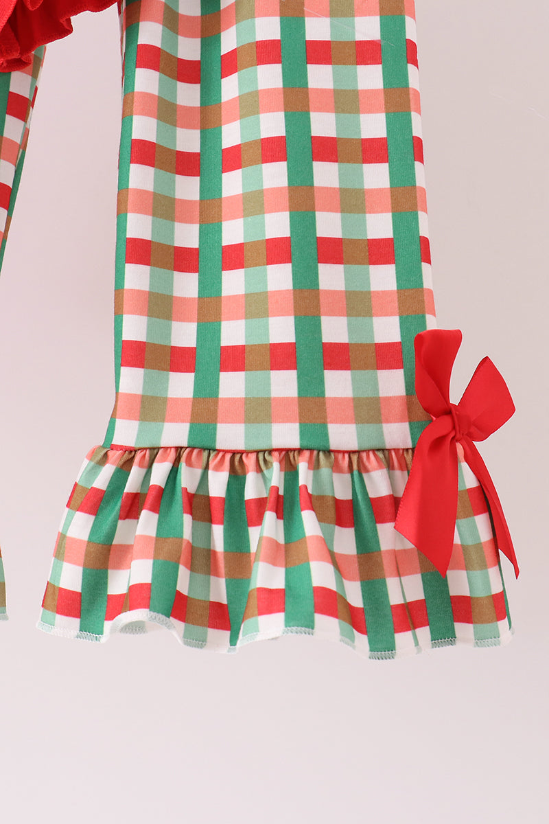 Red Christmas Character Appliqué Gingham Ruffle Pants Set
