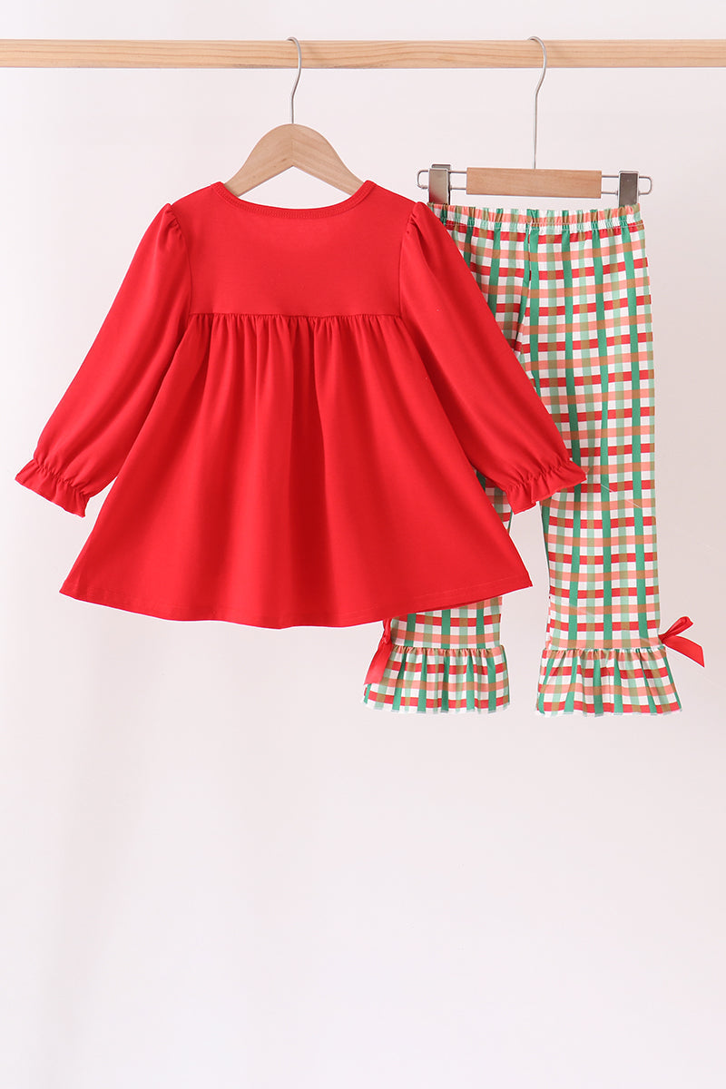 Red Christmas Character Appliqué Gingham Ruffle Pants Set