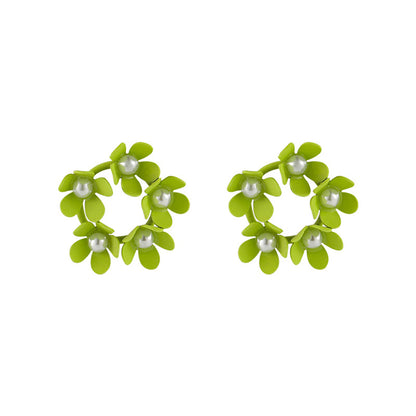 Pearl & Green Enamel Floral Garland Stud Earrings