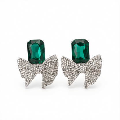 Green Crystal & Cubic Zirconia Silvertone Bow Drop Earrings