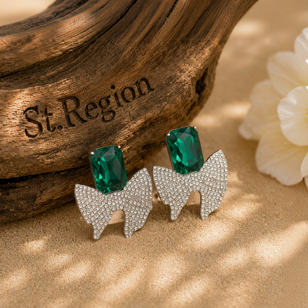 Green Crystal & Cubic Zirconia Silvertone Bow Drop Earrings