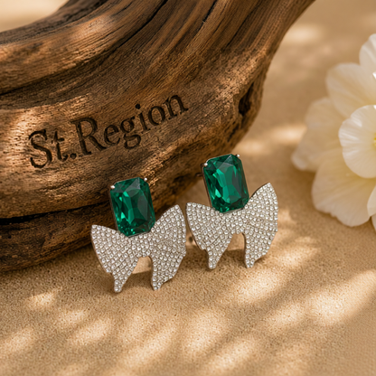 Green Crystal & Cubic Zirconia Silvertone Bow Drop Earrings