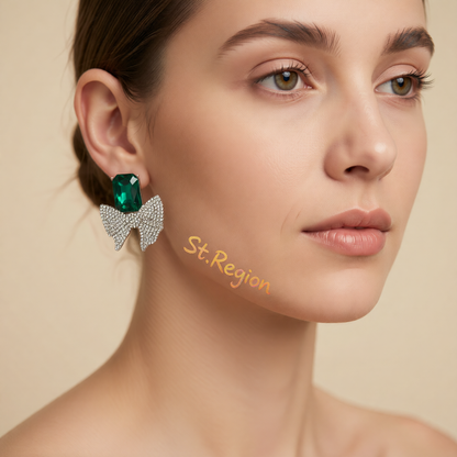 Green Crystal & Cubic Zirconia Silvertone Bow Drop Earrings