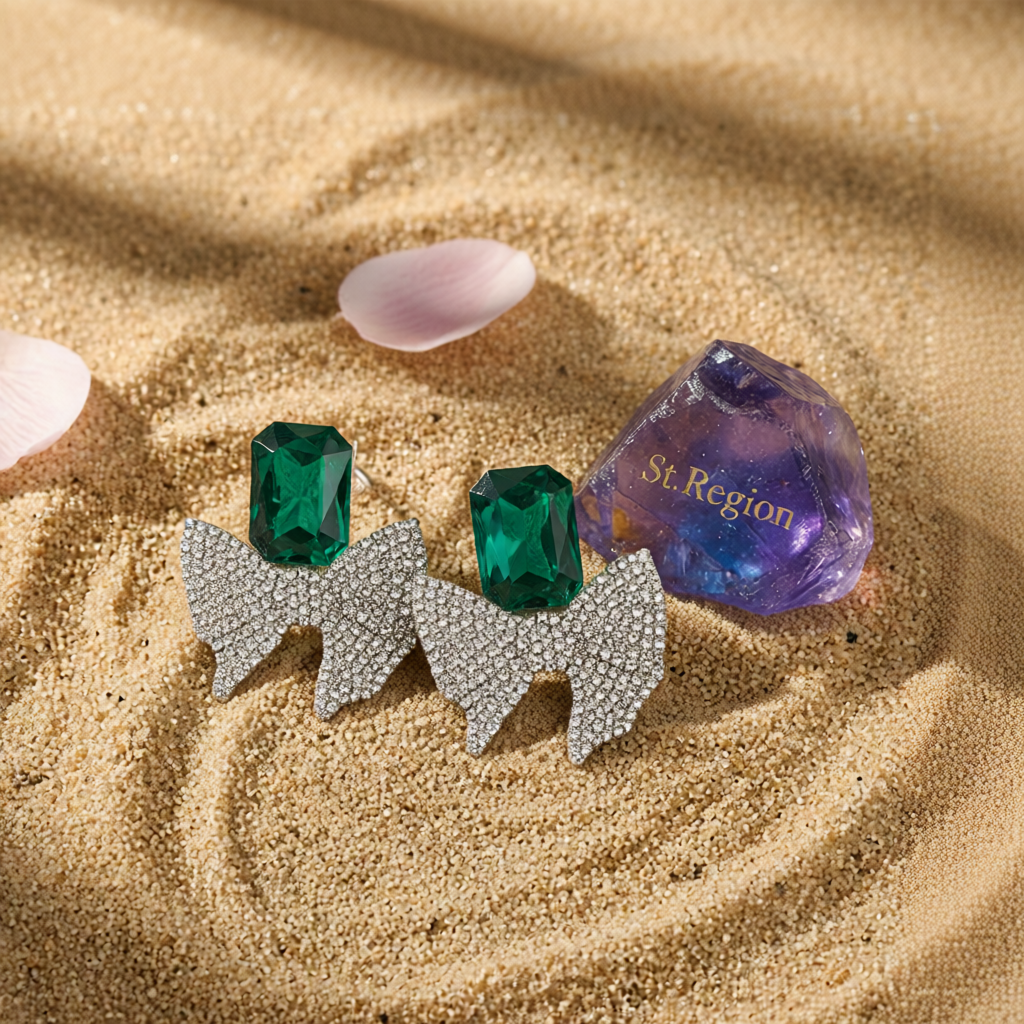 Green Crystal & Cubic Zirconia Silvertone Bow Drop Earrings