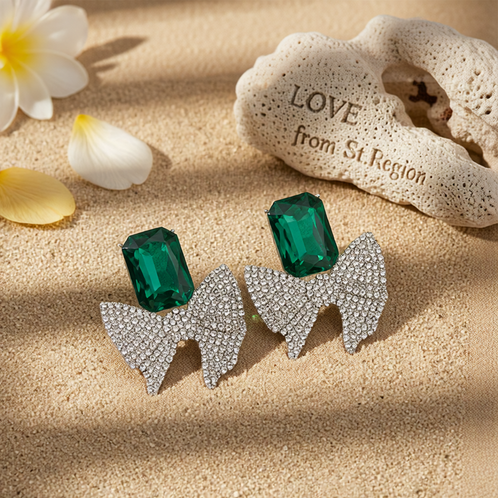 Green Crystal & Cubic Zirconia Silvertone Bow Drop Earrings