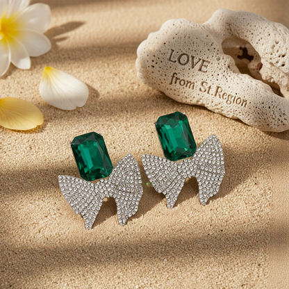 Green Crystal & Cubic Zirconia Silvertone Bow Drop Earrings
