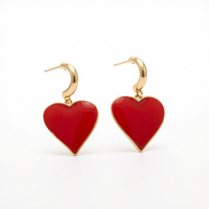 Red Enamel & Goldtone Heart Huggie Earrings