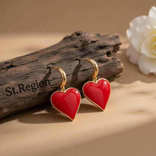 Red Enamel & Goldtone Heart Huggie Earrings