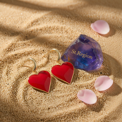 Red Enamel & Goldtone Heart Huggie Earrings