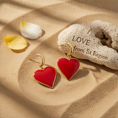 Red Enamel & Goldtone Heart Huggie Earrings