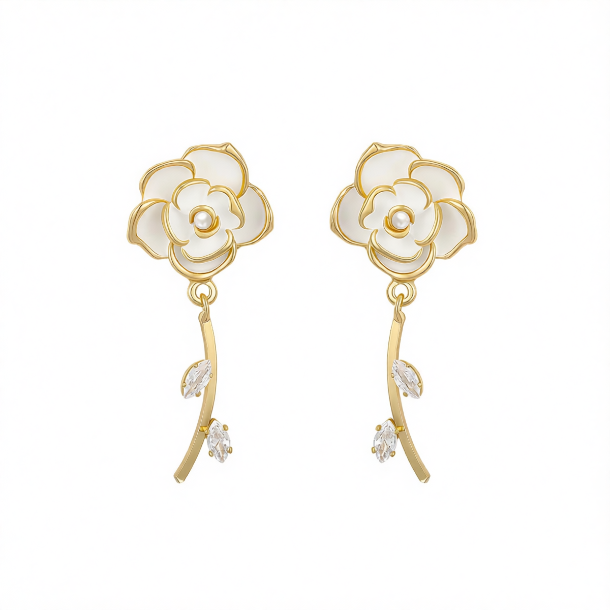 White Enamel & Cubic Zirconia Goldtone Floral Drop Earrings