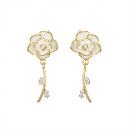 White Enamel & Cubic Zirconia Goldtone Floral Drop Earrings