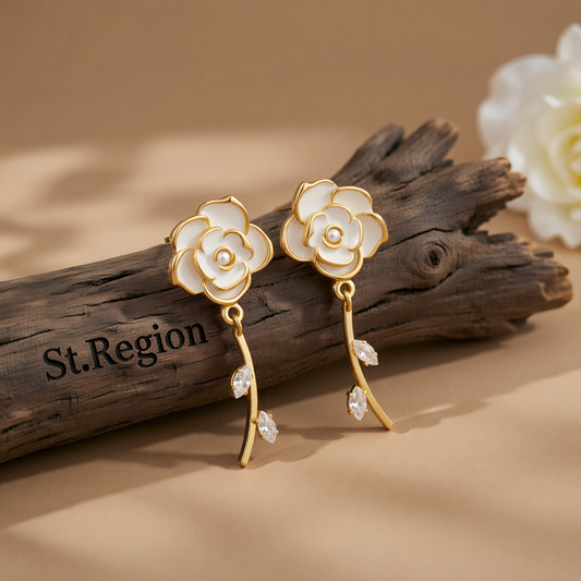 White Enamel & Cubic Zirconia Goldtone Floral Drop Earrings