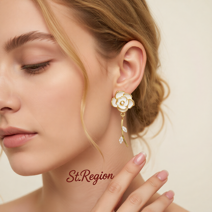 White Enamel & Cubic Zirconia Goldtone Floral Drop Earrings