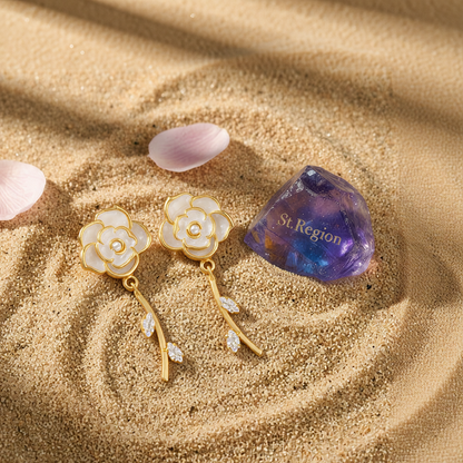 White Enamel & Cubic Zirconia Goldtone Floral Drop Earrings