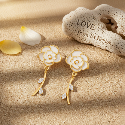 White Enamel & Cubic Zirconia Goldtone Floral Drop Earrings
