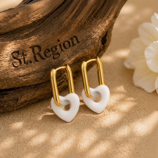 White & Goldtone Heart Huggie Earrings