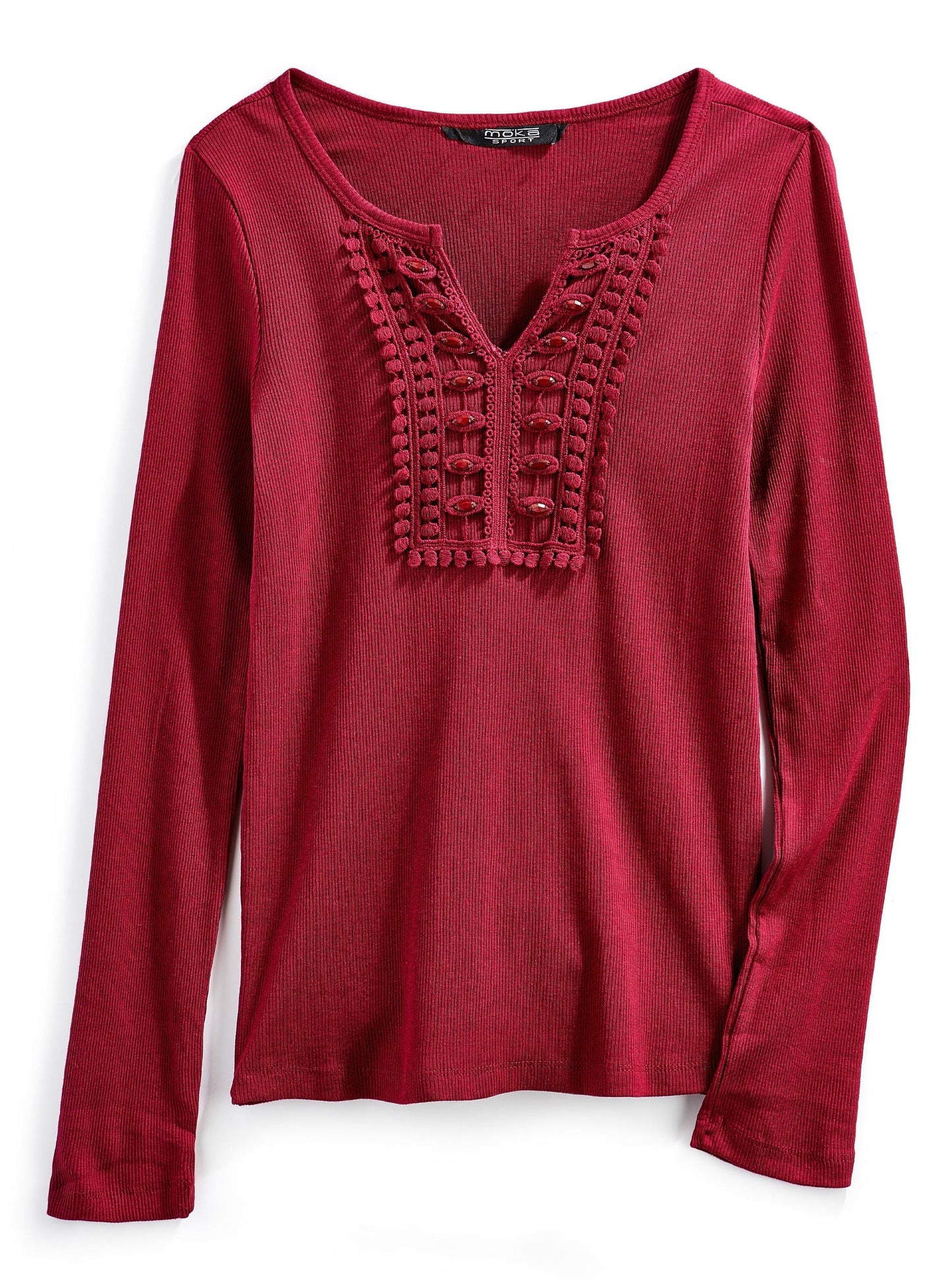 Women's Open Crochet And Jewel Trim V-Neck Knit Top in Cotton Rib Knit