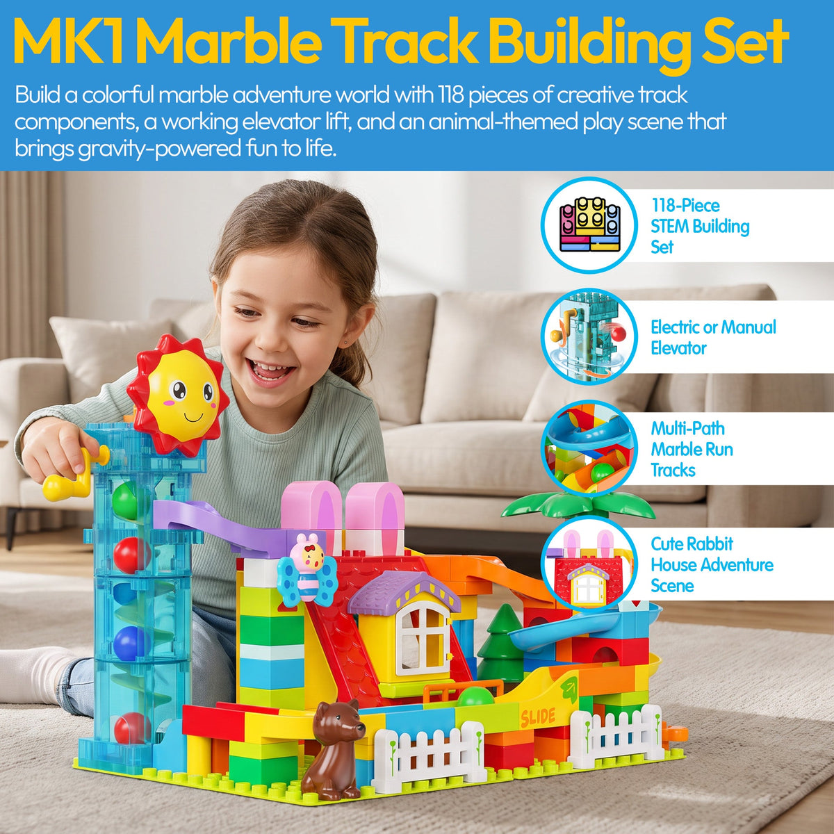 Contixo MK1 Marble Run Building Blocks Set, 118PCS STEM Construction Toy With Elevator Lift, Rabbit House Track Toys for Boy's Girl's Kids Ages 3+