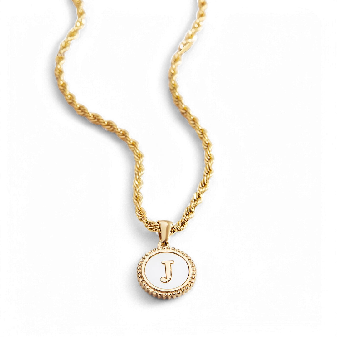 Mint & Lily Mother of Pearl Disc Letter Necklace with Rope Chain