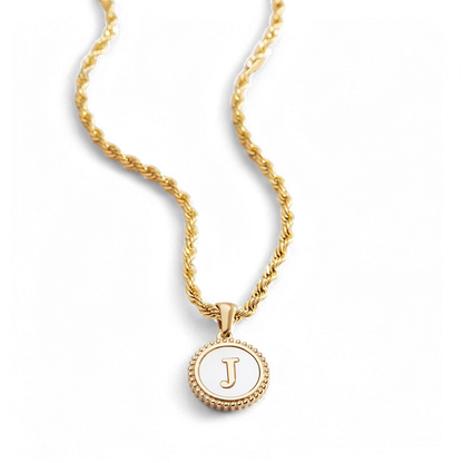 Mint & Lily Mother of Pearl Disc Letter Necklace with Rope Chain