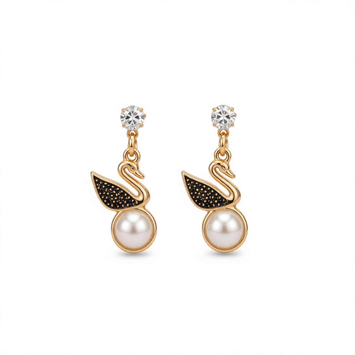 Cubic Zirconia & Pearl Goldtone Swan Drop Earring