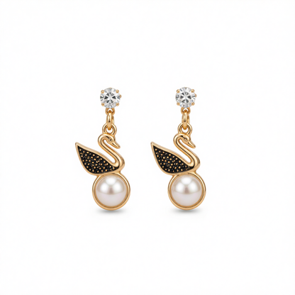 Cubic Zirconia & Pearl Goldtone Swan Drop Earring