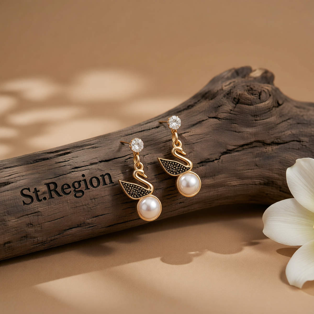 Cubic Zirconia & Pearl Goldtone Swan Drop Earring