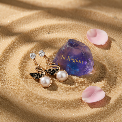 Cubic Zirconia & Pearl Goldtone Swan Drop Earring