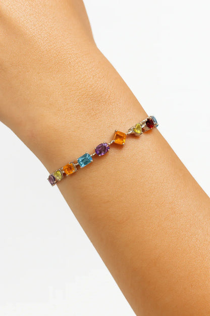 Multi-Shape Multicolor Gemstones Prong Sterling Silver Tennis Bracelet