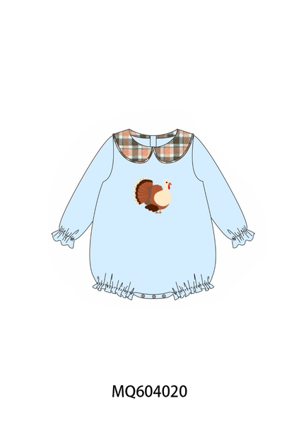 Blue Turkey Embroidery Plaid Ruffle Bubble
