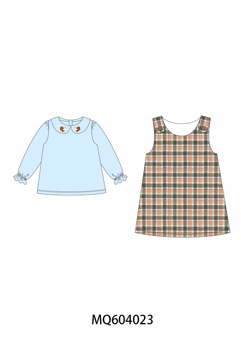Blue Turkey Embroidery Plaid 2-Piece Set