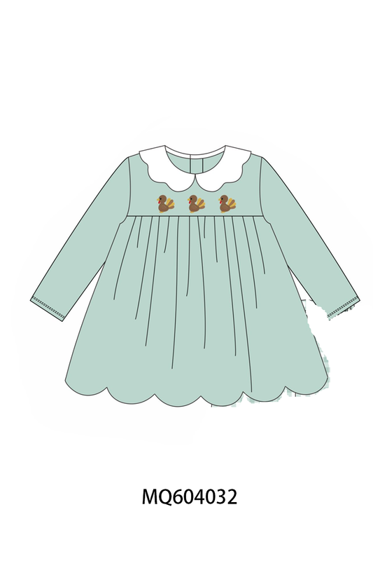 Green Turkey Embroidery Scalloped Dress