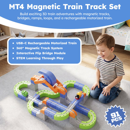 Contixo MT4 Magnetic Train Track Set | Motorized STEM Toy With Flip Bridge