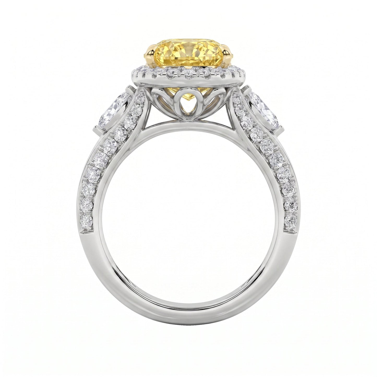 3Cttw Oval Shaped Yellow Lab Grown Diamond (F/VS) Three Stone Halo Engagement Ring in 14K Gold