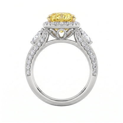 3Cttw Oval Shaped Yellow Lab Grown Diamond (F/VS) Three Stone Halo Engagement Ring in 14K Gold