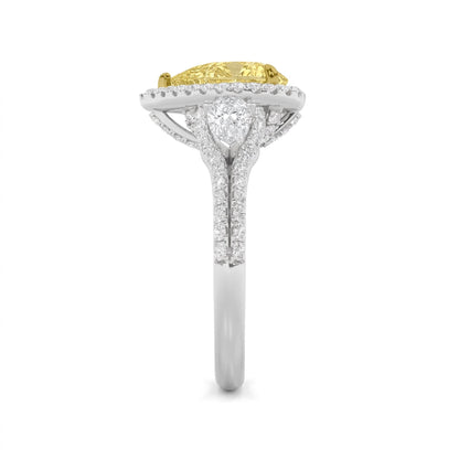 3Cttw Pear Shaped Yellow Lab Grown Diamond (F/VS) Three Stone Bold Accented Engagement Ring in 14K Gold