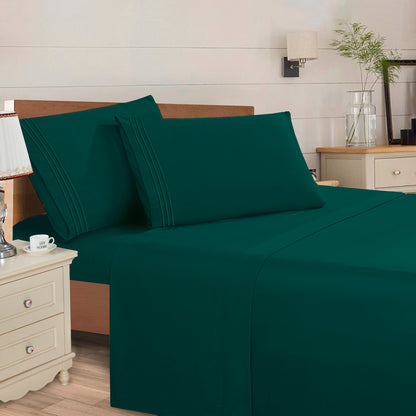 Elegant Comfort Essential 4-Piece 3-Line Embroidery Sheet Set, Soft as a Hotel Premium Quality,  Moody Shades