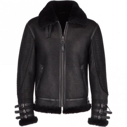 Men’s Black Aviator Flying Bomber Shearling Leather Jacket