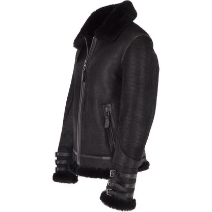 Men’s Black Aviator Flying Bomber Shearling Leather Jacket